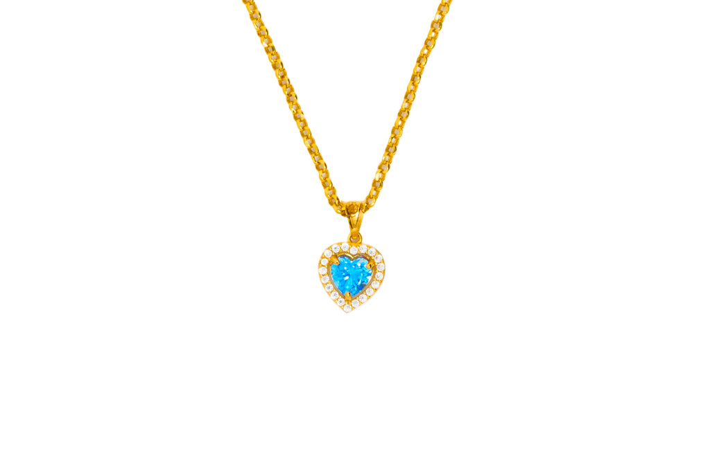 Gold necklace with a heart-shaped blue gemstone pendant NO background