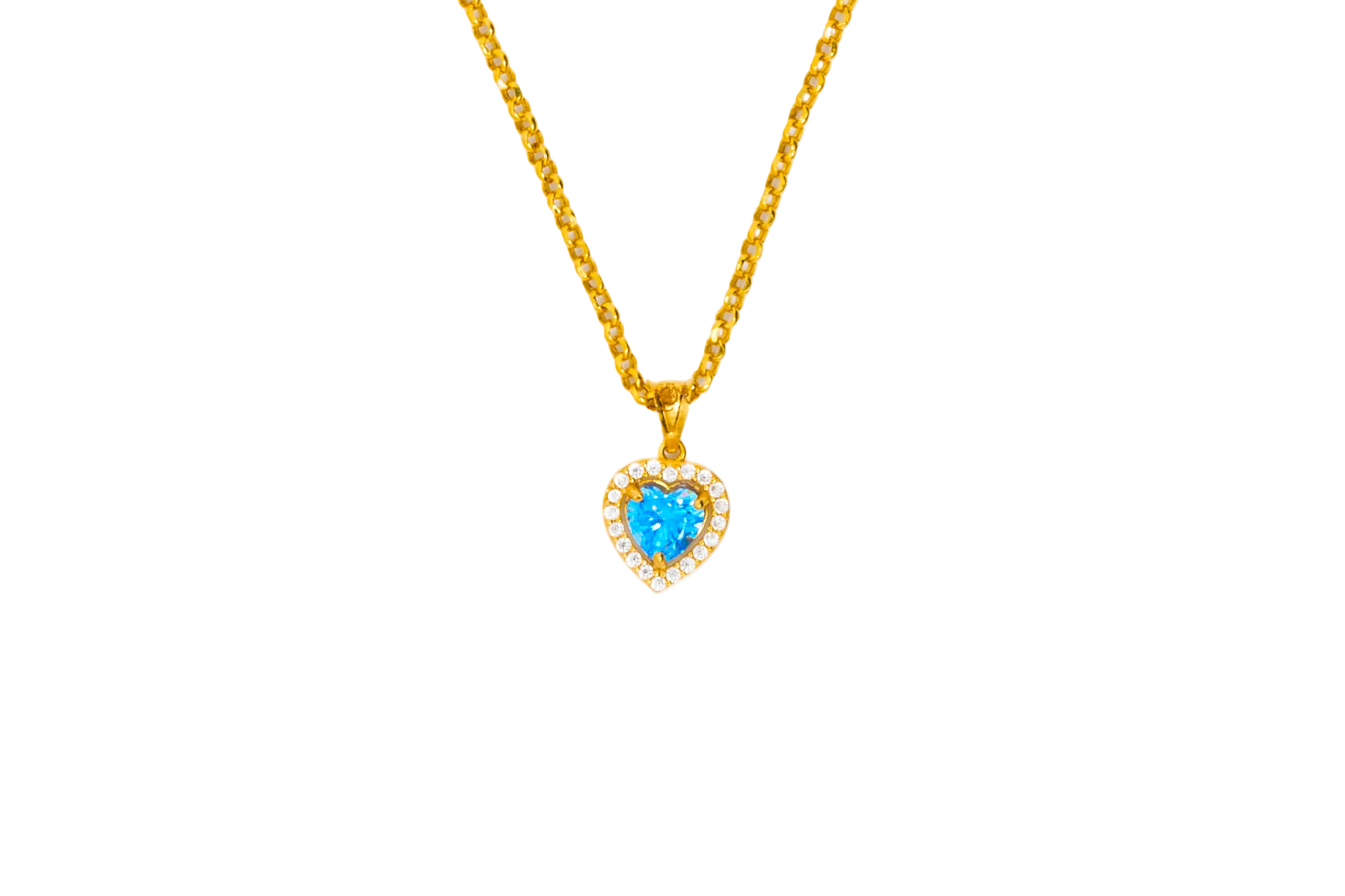 Gold necklace with a heart-shaped blue gemstone pendant NO background