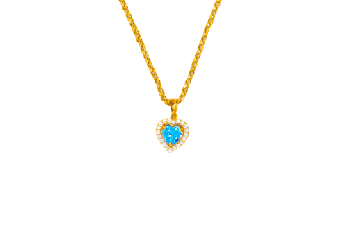 Gold necklace with a heart-shaped blue gemstone pendant NO background